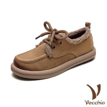 【VECCHIO】真皮保暖絨毛復古休閒鞋/真皮頭層牛皮保暖絨毛繫帶復古休閒鞋 女鞋 卡其