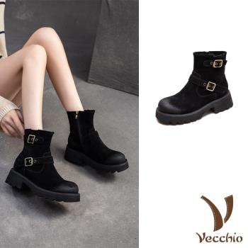 【VECCHIO】磨砂真皮雙皮帶釦粗跟厚底短靴/真皮磨砂皮革個性雙皮帶釦飾造型粗跟厚底短靴 女鞋 黑