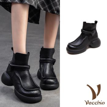 【VECCHIO】真皮復古包根一字帶厚底短靴/真皮頭層牛皮復古立體線邊包根一字帶厚底短靴 女鞋 黑