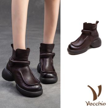 【VECCHIO】真皮復古包根一字帶厚底短靴/真皮頭層牛皮復古立體線邊包根一字帶厚底短靴 女鞋 棕