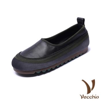 【VECCHIO】全真皮軟底撞色拼接小圓頭平底鞋/全真皮頭層牛皮舒適軟底撞色拼接小圓頭平底鞋 女鞋 黑