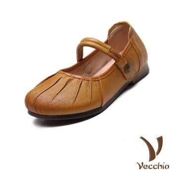 【VECCHIO】真皮抓褶魔鬼粘低跟娃娃鞋/真皮頭層牛皮抓褶小圓頭魔鬼粘低跟娃娃鞋 女鞋 黃
