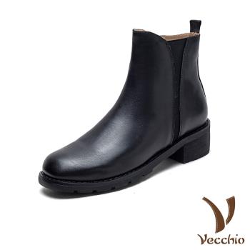 【VECCHIO】真皮擦色後拉鍊切爾西短靴/真皮頭層牛皮復古擦色法式後拉鍊設計切爾西短靴 女鞋 黑