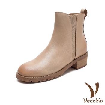 【VECCHIO】真皮擦色後拉鍊切爾西短靴/真皮頭層牛皮復古擦色法式後拉鍊設計切爾西短靴 女鞋 杏