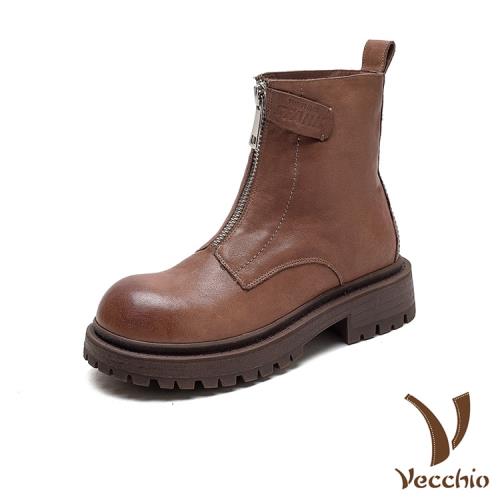 【VECCHIO】真皮皺褶前拉鍊粗跟短靴/真皮頭層牛皮復古皺褶前拉鍊設計粗跟短靴 女鞋 棕