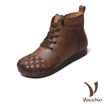 【VECCHIO】全真皮寬楦編織拼接繫帶短靴/全真皮頭層牛皮寬楦復古格子編織拼接繫帶造型短靴 女鞋 卡其