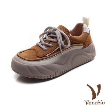 【VECCHIO】真皮厚底拼接繫帶休閒鞋/真皮頭層牛皮時尚厚底拼接繫帶潮流休閒鞋 女鞋 黃