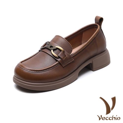 【VECCHIO】全真皮馬銜扣飾粗跟便鞋樂福鞋/全真皮頭層牛皮經典馬銜扣飾粗跟便鞋 樂福鞋 女鞋 卡其