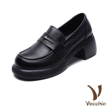 【VECCHIO】全真皮十字星粗跟厚底休閒樂福鞋/全真皮頭層牛皮立體十字星設計粗跟厚底休閒鞋 樂福鞋 女鞋 黑