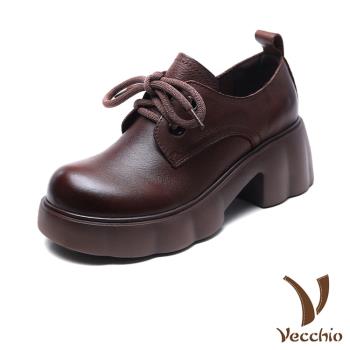 【VECCHIO】全真皮粗跟厚底綁帶休閒鞋/全真皮頭層牛皮小圓頭粗跟厚底綁帶休閒鞋 女鞋 咖