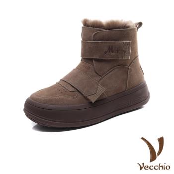 【VECCHIO】真皮保暖長絨便利魔鬼粘厚底雪靴/真皮保暖長絨便利魔鬼粘設計厚底雪靴 女鞋 棕