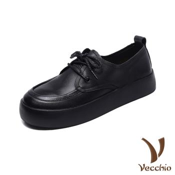 【VECCHIO】全真皮小圓頭繫帶厚底休閒鞋/全真皮頭層牛皮復古小圓頭繫帶厚底休閒鞋 女鞋 黑