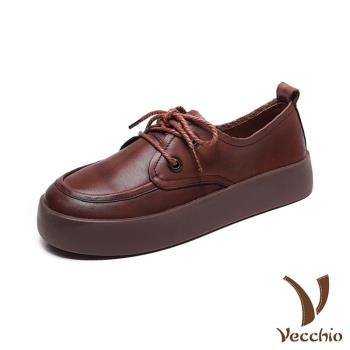 【VECCHIO】全真皮小圓頭繫帶厚底休閒鞋/全真皮頭層牛皮復古小圓頭繫帶厚底休閒鞋 女鞋 棕