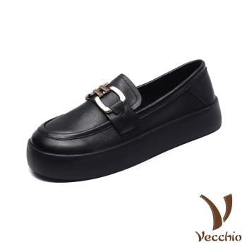 【VECCHIO】全真皮金屬釦飾小圓頭厚底樂福鞋/全真皮頭層牛皮復古金屬釦飾小圓頭厚底樂福鞋 女鞋 黑