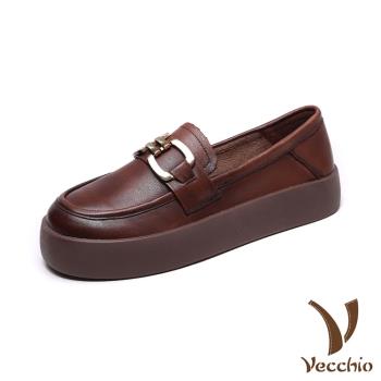 【VECCHIO】全真皮金屬釦飾小圓頭厚底樂福鞋/全真皮頭層牛皮復古金屬釦飾小圓頭厚底樂福鞋 女鞋 棕