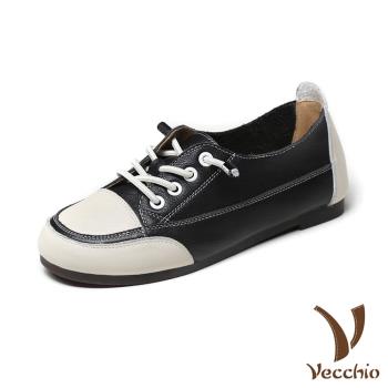 【VECCHIO】全真皮撞色拼接寬楦舒適休閒鞋/全真皮頭層牛皮復古撞色拼接寬楦舒適休閒鞋 女鞋 黑