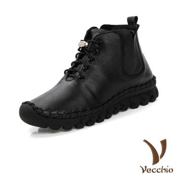 【VECCHIO】真皮手工縫線彈力V口厚底短靴/真皮頭層牛皮手工縫線彈力V口百搭厚底短靴 女鞋 黑