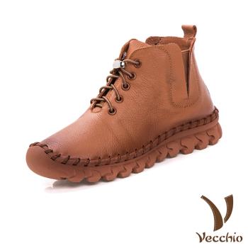 【VECCHIO】真皮手工縫線彈力V口厚底短靴/真皮頭層牛皮手工縫線彈力V口百搭厚底短靴 女鞋 棕
