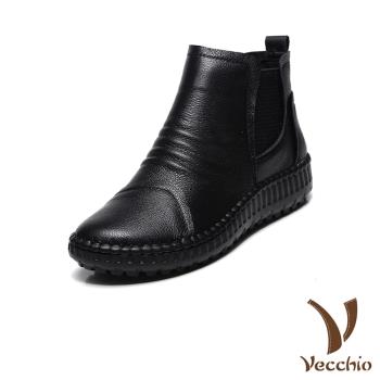 【VECCHIO】真皮手工縫線厚底切爾西短靴/真皮頭層牛皮手工縫線復古百搭厚底切爾西短靴 女鞋 黑