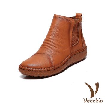 【VECCHIO】真皮手工縫線厚底切爾西短靴/真皮頭層牛皮手工縫線復古百搭厚底切爾西短靴 女鞋 棕