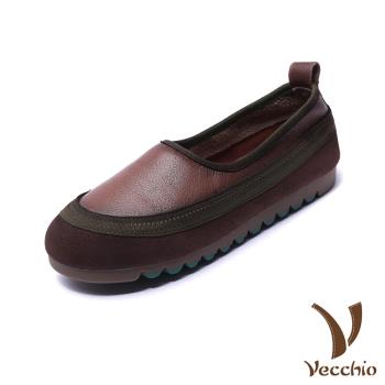 【VECCHIO】全真皮軟底撞色拼接小圓頭平底鞋/全真皮頭層牛皮舒適軟底撞色拼接小圓頭平底鞋 女鞋 棕