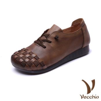 【VECCHIO】全真皮編織拼接繫帶軟底休閒鞋/全真皮頭層牛皮復古編織拼接繫帶軟底休閒鞋 女鞋 卡其