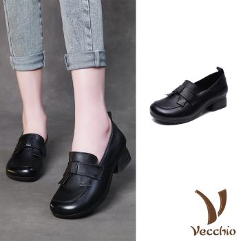 【VECCHIO】真皮方頭蝴蝶結粗跟鞋/真皮頭層牛皮小方頭典雅蝴蝶結造型粗跟鞋 女鞋 黑