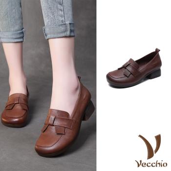【VECCHIO】真皮方頭蝴蝶結粗跟鞋/真皮頭層牛皮小方頭典雅蝴蝶結造型粗跟鞋 女鞋 棕