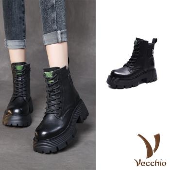 【VECCHIO】真皮防水臺粗跟厚底馬丁靴/真皮頭層牛皮復古防水臺粗跟厚底馬丁靴 女鞋 黑