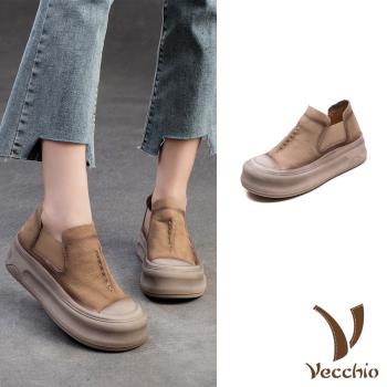 【VECCHIO】翻絨牛皮鬆糕厚底休閒樂福鞋/真皮翻絨牛皮復古縫線鬆糕厚底樂福鞋 休閒鞋 女鞋 卡其