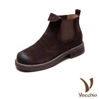 【VECCHIO】真皮純色翻領切爾西短靴/真皮頭層牛皮純色素面小翻領切爾西短靴 女鞋 咖