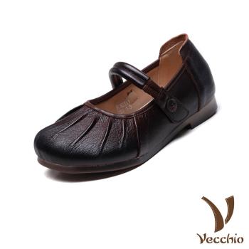 【VECCHIO】真皮抓褶魔鬼粘低跟娃娃鞋/真皮頭層牛皮抓褶小圓頭魔鬼粘低跟娃娃鞋 女鞋 咖