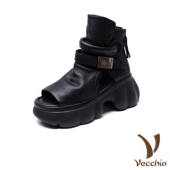 【VECCHIO】羊皮輕量鬆糕厚底羅馬涼鞋/真皮頭層羊皮輕量鬆糕厚底個性羅馬涼鞋 女鞋 黑