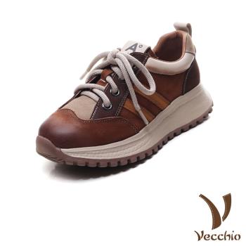 【VECCHIO】全真皮撞色拼接厚底休閒運動鞋/全真皮頭層牛皮繽紛撞色拼接厚底休閒運動鞋 女鞋 棕