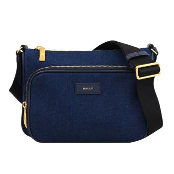 BALLY 6306631 BAR 燙金LOGO丹寧皮飾拉鍊斜揹包.牛仔藍