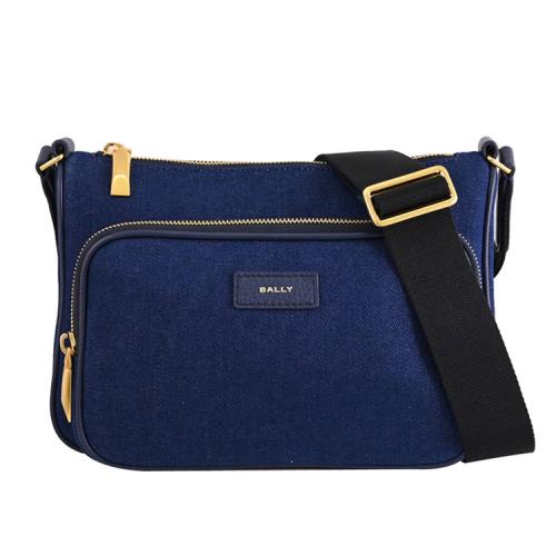 BALLY 6306631 BAR 燙金LOGO丹寧布拉鍊斜背包.牛仔藍