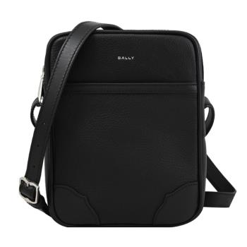 BALLY 6304608 BORD CROSS 燙銀LOGO皮革拉鍊直式斜揹包.黑