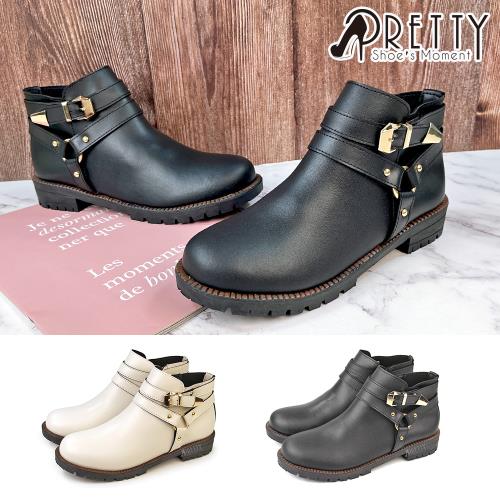 Pretty 女 短靴 踝靴 皮帶釦 側拉鍊 粗跟 低跟 台灣製BA-26790