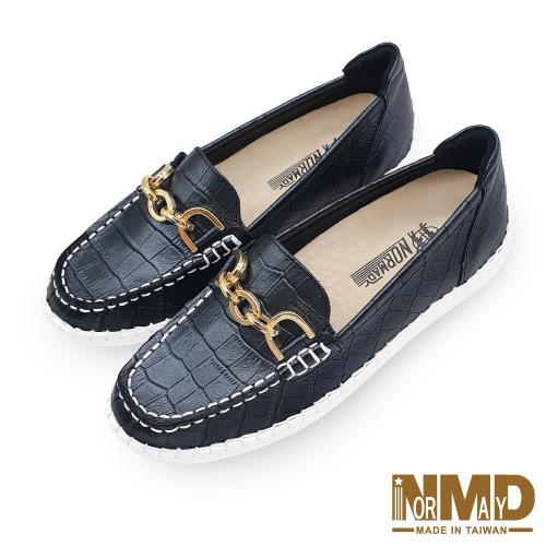 【Normady 諾曼地】鍊條款知性懶人樂福磁石內增高厚底氣墊球囊真皮鞋-MIT手工鞋(百搭黑)