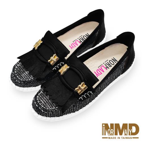 【Normady 諾曼地】氣質流蘇手縫鑽紗真皮磁力厚底氣墊球囊休閒懶人鞋-MIT手工鞋(銀河黑)