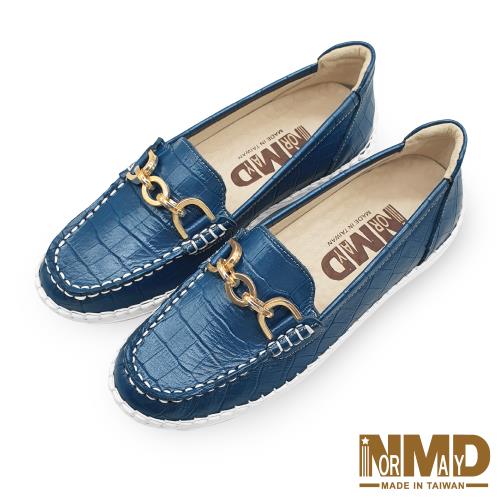 【Normady 諾曼地】鍊條款知性懶人樂福磁石內增高厚底氣墊球囊真皮鞋-MIT手工鞋(寶石藍)