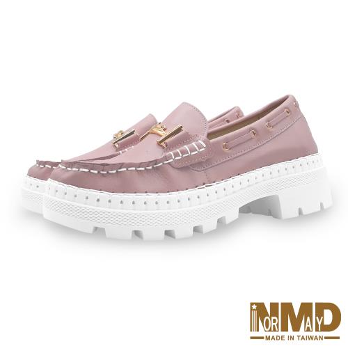 【Normady 諾曼地】時尚雙T真皮高階版磁石厚底氣墊球囊懶人休閒跟鞋-MIT手工鞋(藕粉紫)