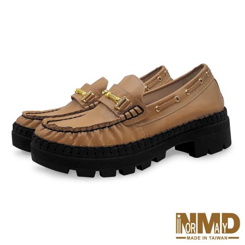 【Normady 諾曼地】宮廷金屬鍊真皮高階版磁石厚底氣墊球囊懶人休閒跟鞋-MIT手工鞋(焦糖棕)