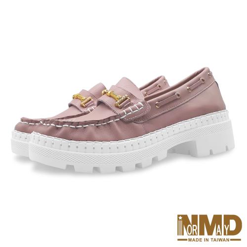 【Normady 諾曼地】宮廷金屬鍊真皮高階版磁石厚底氣墊球囊懶人休閒跟鞋-MIT手工鞋(藕粉紫)