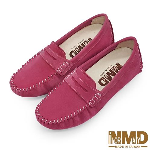 【Normady 諾曼地】經典柔軟牛麂皮磁石內增高樂福真皮豆豆鞋-MIT手工鞋(莓果桃)