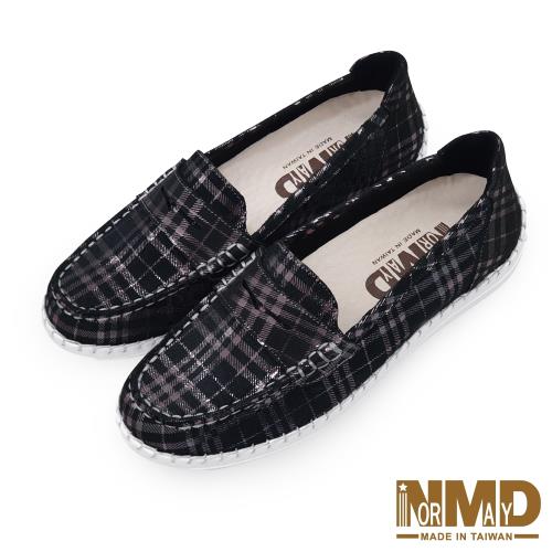 【Normady 諾曼地】經典款知性懶人樂福磁石柔霧面內增高厚底氣墊球囊真皮鞋-MIT手工鞋(黑格紋)