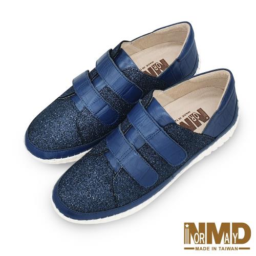 【Normady 諾曼地】晶鑽拼接全真皮磁石高階版球囊厚底氣墊休閒鞋-MIT手工鞋(海藍鑽)