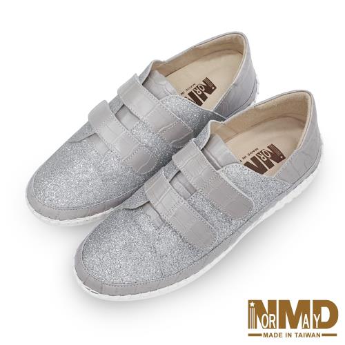 【Normady 諾曼地】晶鑽拼接全真皮磁石高階版球囊厚底氣墊休閒鞋-MIT手工鞋(星鑽銀)