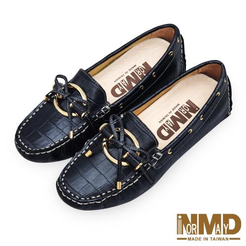 【Normady 諾曼地】奢華貴氣鱷魚壓紋環扣磁石內增高真皮豆豆鞋-MIT手工鞋(奢華黑)