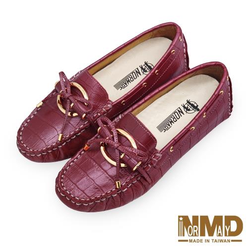 【Normady 諾曼地】奢華貴氣鱷魚壓紋環扣磁石內增高真皮豆豆鞋-MIT手工鞋(高貴紅)